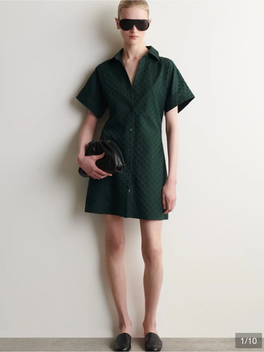 COS Dark Green Pointelle Short Sleeve Shirt Dress